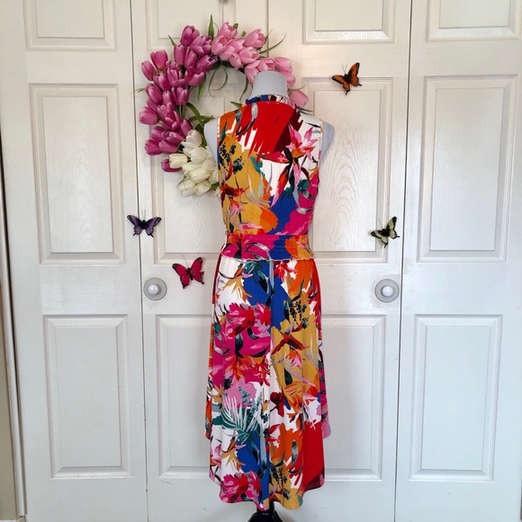 💼 Colorful V Neck Blossom Scarf Hem Sleeveless Dress - Picture 6 of 9